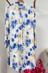 Pamuk Viskon Gömlek Tunik - Mavi Çiçekli