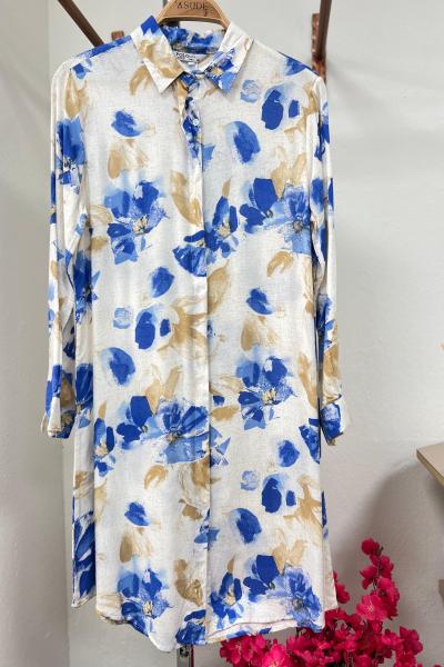 Pamuk Viskon Gömlek Tunik - Mavi Çiçekli