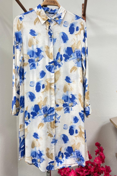 Pamuk Viskon Gömlek Tunik - Mavi Çiçekli