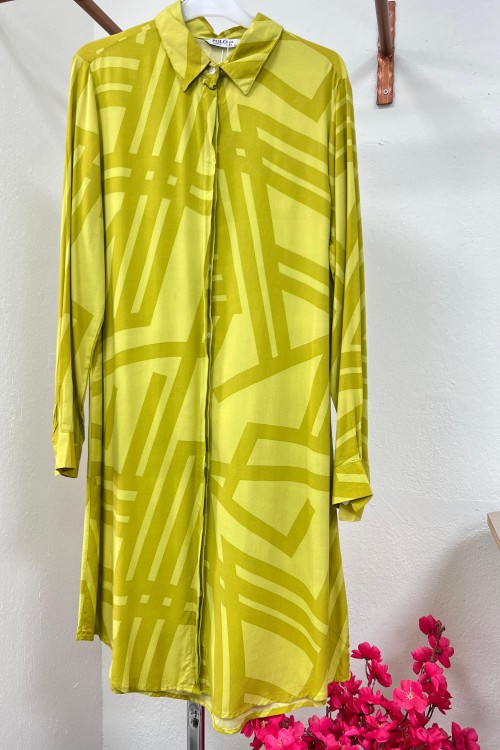 Pamuk Viskon Gömlek Tunik -Yağ Yeşili