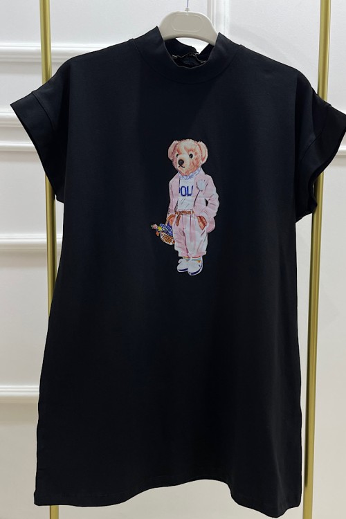 Pamuklu Teddy Yarım Balıkçı Yaka İçlik Tunik Siyah