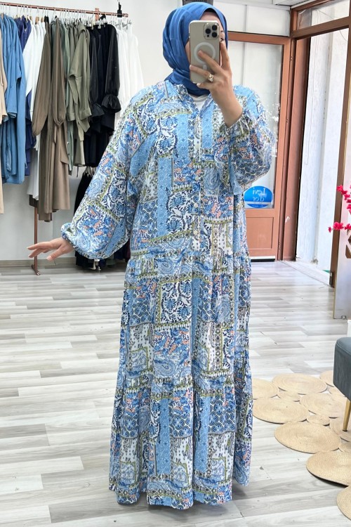 Pamuklu Viskon Kumaş Maviş Elbise - Mavi