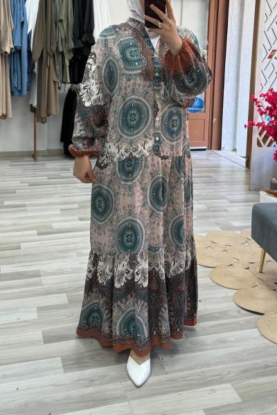 Pamuklu Viskon Kumaş Motif Elbise Petrol 