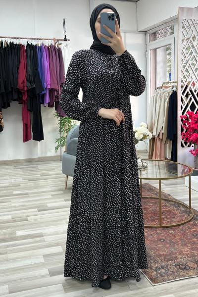 Pamuklu Viskon Kumaş Tünel Bağcıklı Elbise -Siyah