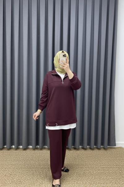 Patı Fermuarlı Etek Ucu Metal Detaylı Takım - Bordo