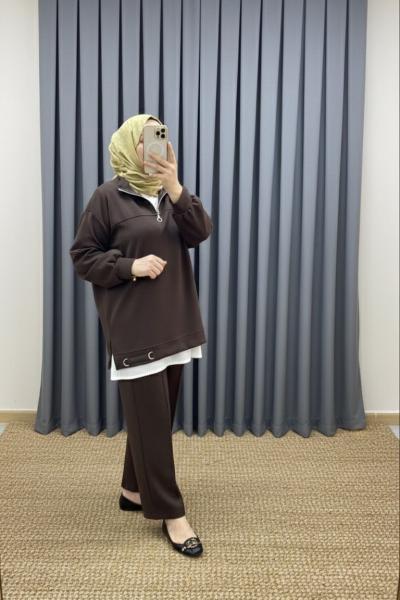 Patı Fermuarlı Etek Ucu Metal Detaylı Takım - Kahve