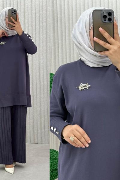 Pilise Pantolonlu Merserize İpek Takım - Antrasit