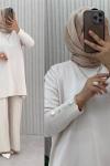 Pilise Pantolonlu Merserize İpek Takım - Ekru