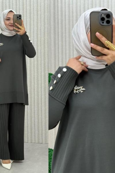 Pilise Pantolonlu Merserize İpek Takım - Haki