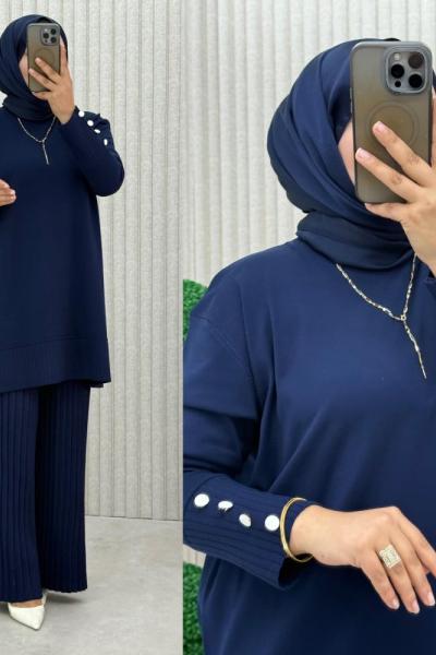 Pilise Pantolonlu Merserize İpek Takım - Lacivert