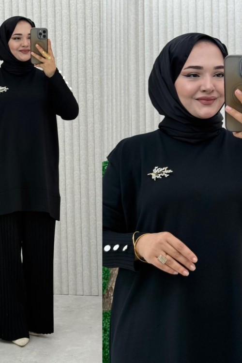 Pilise Pantolonlu Merserize İpek Takım - Siyah