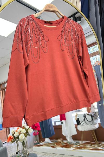 Safir Taşlı Bluz - Kiremit