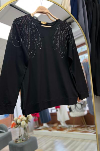Safir Taşlı Bluz - Siyah