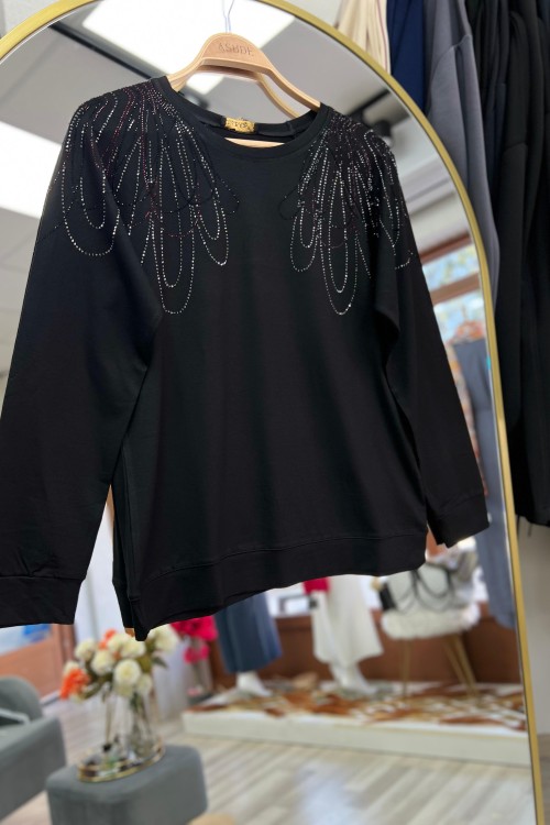 Safir Taşlı Bluz - Siyah