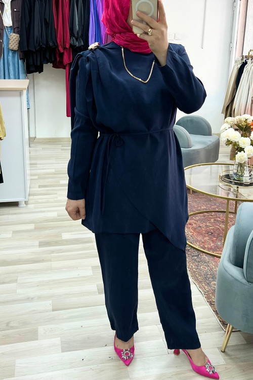 Şal Yaka Omzu Gold Detaylı Royal Takım - Lacivert 