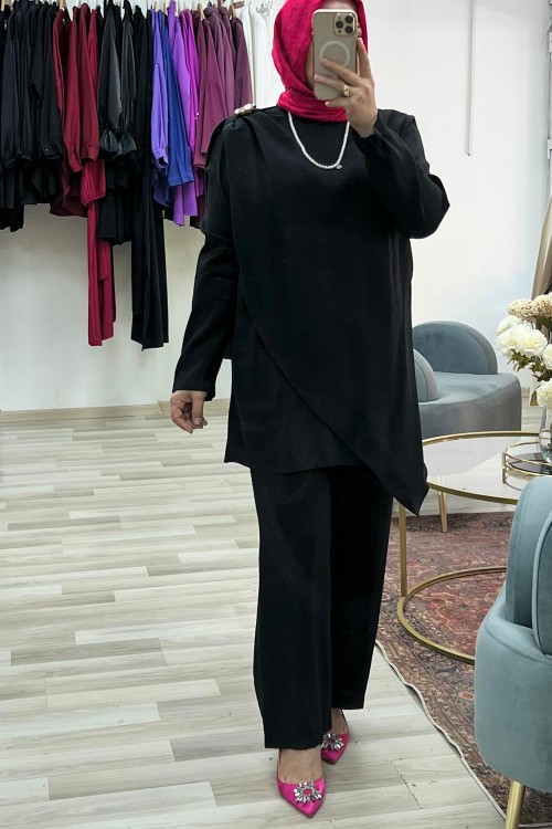 Şal Yaka Omzu Gold Detaylı Royal Takım - Siyah