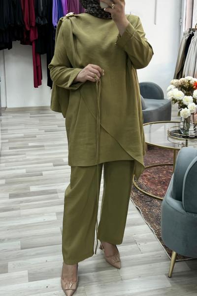 Şal Yaka Omzu Gold Detaylı Royal Takım - Yağyeşili