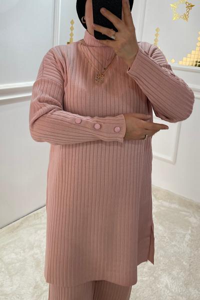 Selin  Kol Uçları Düğme Detaylı Triko Takım Pudra