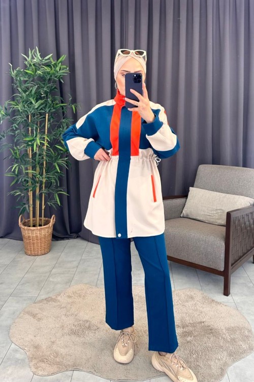 Şerit Detaylı Ceketli Takım Oranj