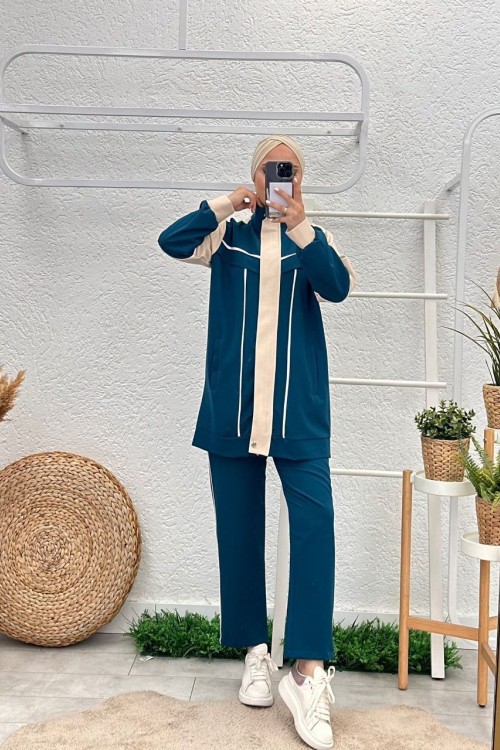 Şerit Detaylı Ceketli Takım Petrol