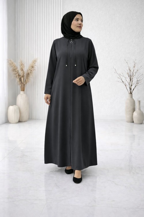 Şerit Detaylı Medine İpeği Ferace - Antrasit