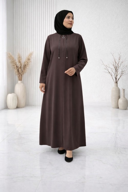Şerit Detaylı Medine İpeği Ferace - Kahve