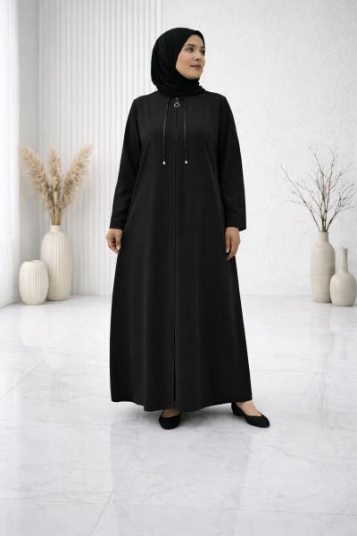 Şerit Detaylı Medine İpeği Ferace - Siyah 