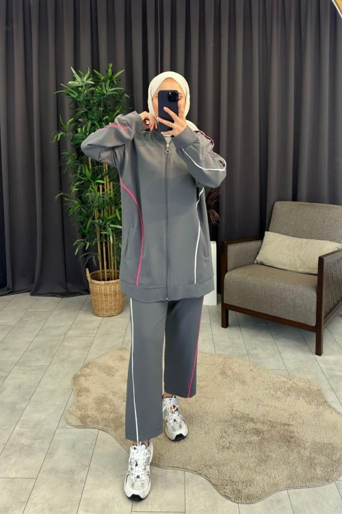Şerit Detaylı Takım Gri