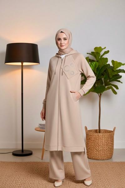 Puane Taş Detaylı Fermuarlı İkili Takım-Bej