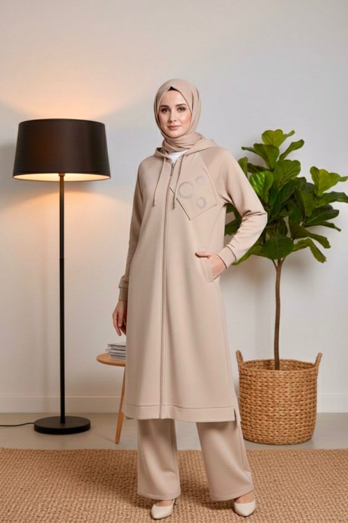 Puane Taş Detaylı Fermuarlı İkili Takım-Bej