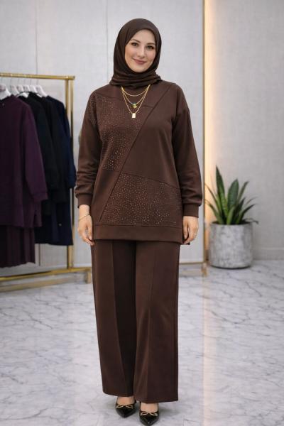 Taş Detaylı Tuğba Takım -Kahve 