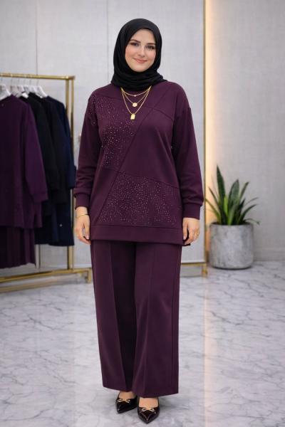 Taş Detaylı Tuğba Takım -Mürdüm