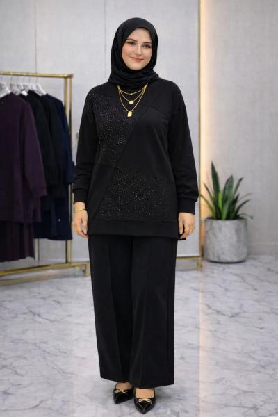 Taş Detaylı Tuğba Takım -Siyah