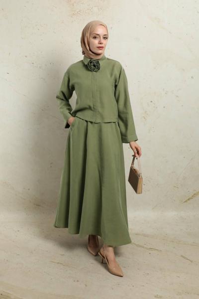 Tensel Kumaş Gül Broşlu Eteği Astarlı Etekli Takım- Haki