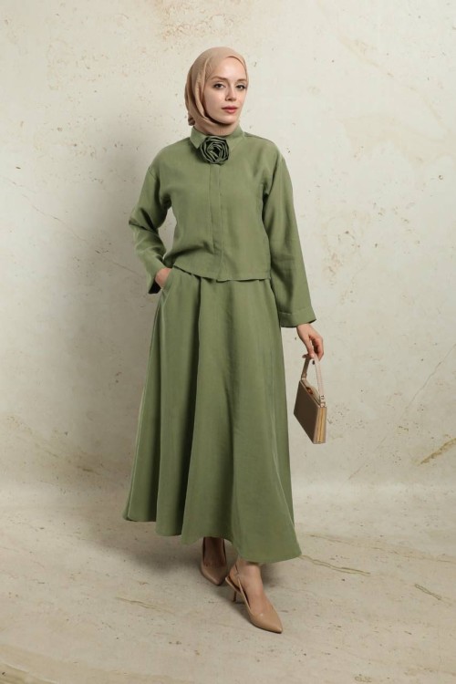 Tensel Kumaş Gül Broşlu Eteği Astarlı Etekli Takım- Haki