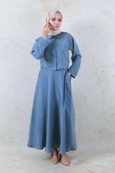 Tensel Kumaş Gül Broşlu Eteği Astarlı Etekli Takım- Mavi