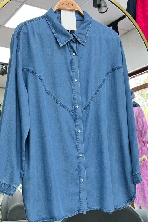 Tensel Kumaş Lilven Tunik Gömlek -Mavi