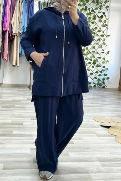 Tensel Modal Kumaş Fermualı Kapşonlu Nefes Takım-Lacivert