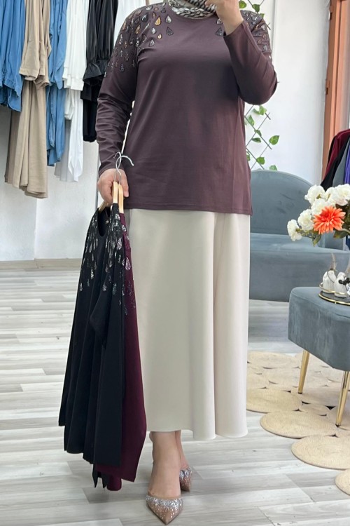 Ulubaş Penye Damla Taş Detaylı Bluz - Kahve