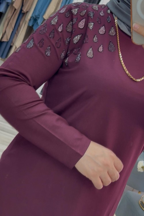 Ulubaş Penye Damla Taş Detaylı Bluz - Mürdüm