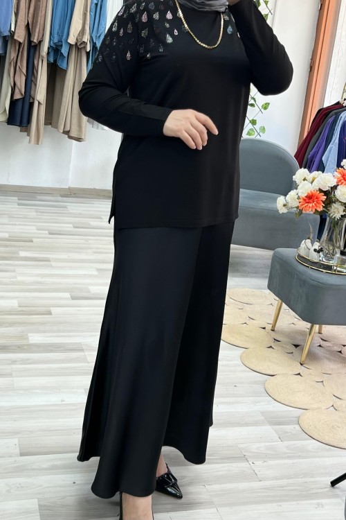 Ulubaş Penye Damla Taş Detaylı Bluz - Siyah