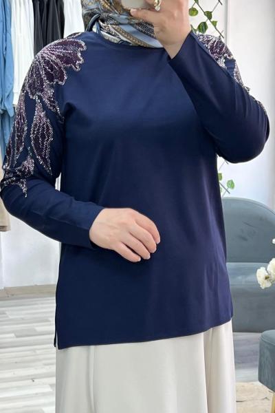 Ulubaş Penye Yoğun Taş Detaylı Kristal Bluz-Lacivert