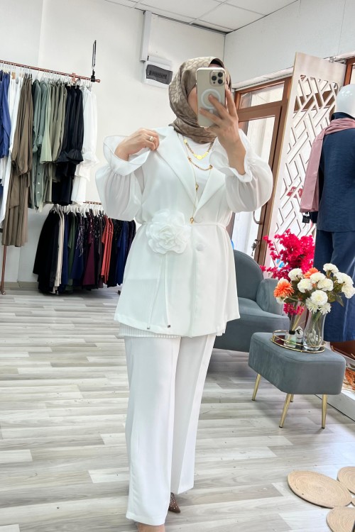 Velora Gül Broşlu Blazer Abiye Takım - Beyaz 