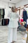 Velora Gül Broşlu Blazer Abiye Takım - Beyaz 