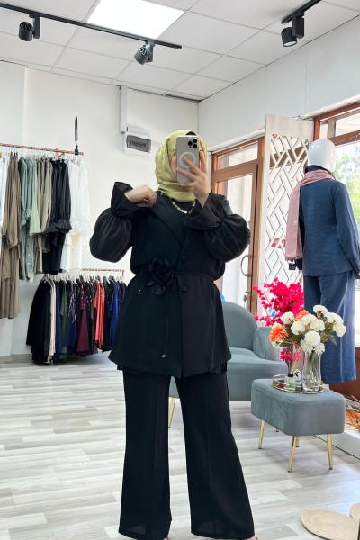 Velora Gül Broşlu Blazer Abiye Takım - Siyah