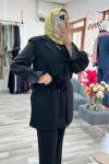 Velora Gül Broşlu Blazer Abiye Takım - Siyah