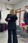 Velora Gül Broşlu Blazer Abiye Takım - Siyah