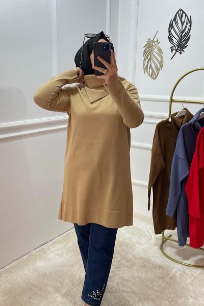 Yaka Fermuar Detaylı Triko Tunik Camel