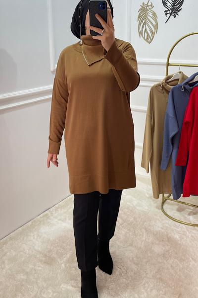 Yaka Fermuar Detaylı Triko Tunik Taba