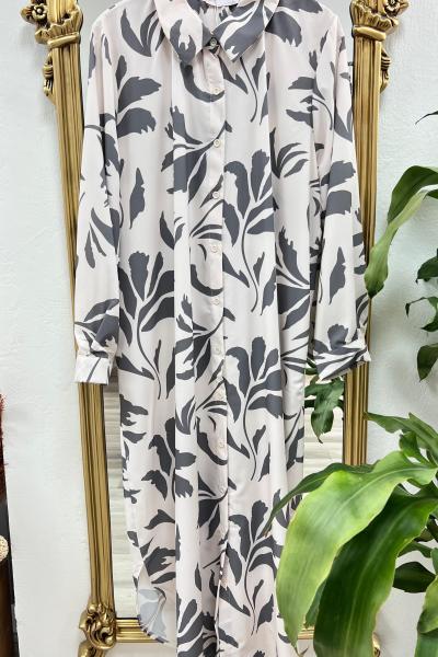 Yaprak Desenli Jessica Kumaş Uzun Tunik-Gri